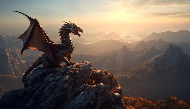 Majestätischer Drache thront auf einem Berggipfel mit Blick auf die atemberaubende, von KI erzeugte Landschaft