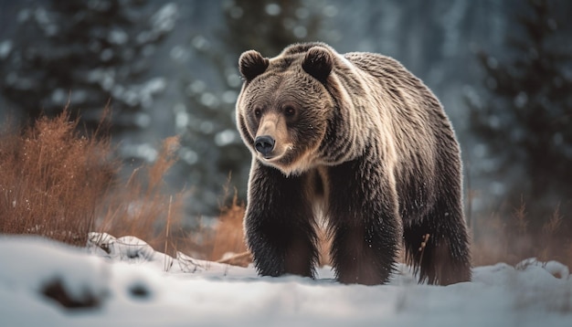 Majestätischer Grizzlybär, der durch generative KI im verschneiten Wald spaziert