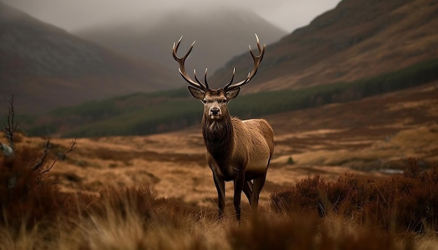 Majestätischer Hirsch, der auf einer ruhigen, von KI generierten Bergwiese weidet