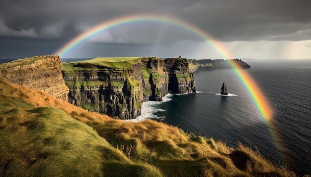 Majestätischer Regenbogen wölbt sich über Klippe und Küste, generiert von KI