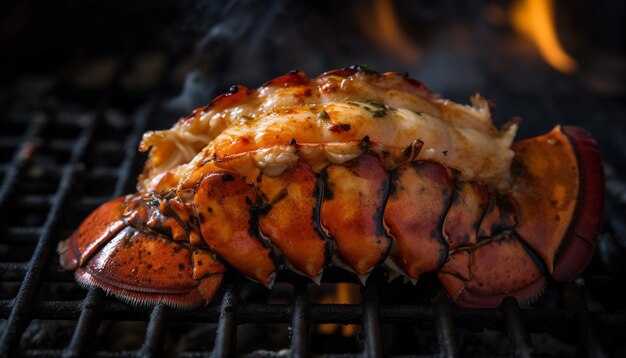 Makros fangen köstliches Meeresfrüchte-Barbecue am Meer ein, das von KI generiert wird