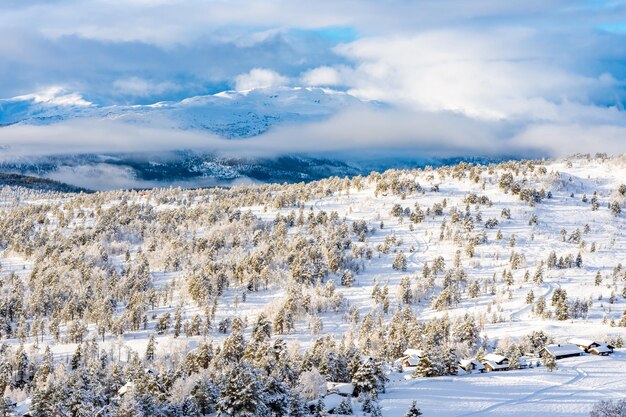 Malerische Winterlandschaft mit Häusern, Bäumen und Bergen in Stryn, Norwegen