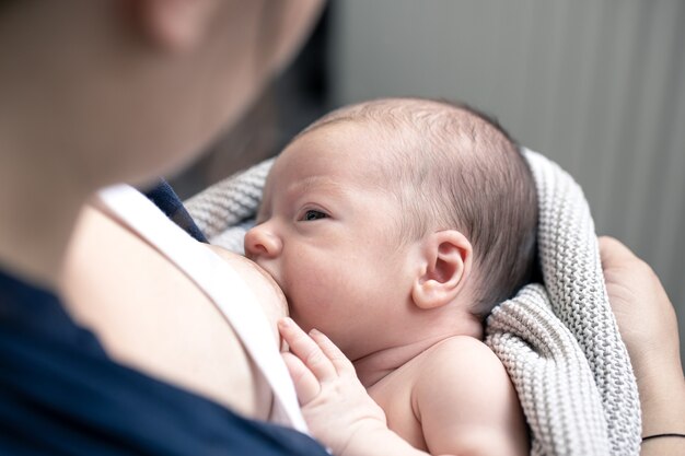 Mama stillt ihren neugeborenen Sohn, Stillen, Stillen bei Frauen, glückliche Mutterschaft.