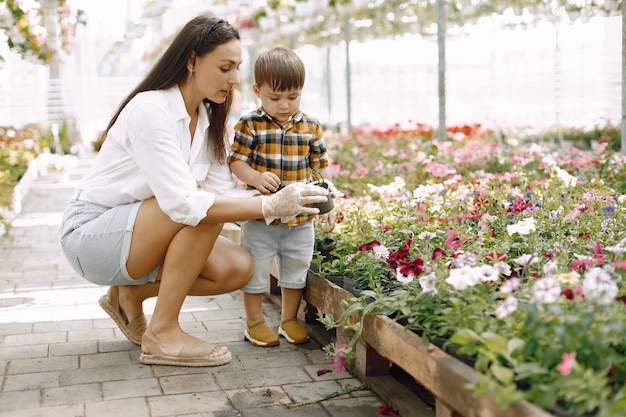 Mama und ihr Sohn pflanzen die Blumen in den Topf im Gewächshaus. Kleiner Kleinkindjunge, der lernt, wie man in einem Gewächshaus pflanzt