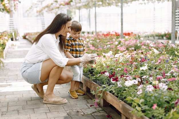 Mama und ihr Sohn pflanzen die Blumen in den Topf im Gewächshaus. Kleiner Kleinkindjunge, der lernt, wie man in einem Gewächshaus pflanzt