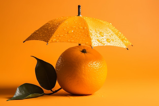 Mandarinenfrucht mit orangefarbenem Regenschirm auf orangefarbenem Hintergrund Sommerkonzept KI generativ
