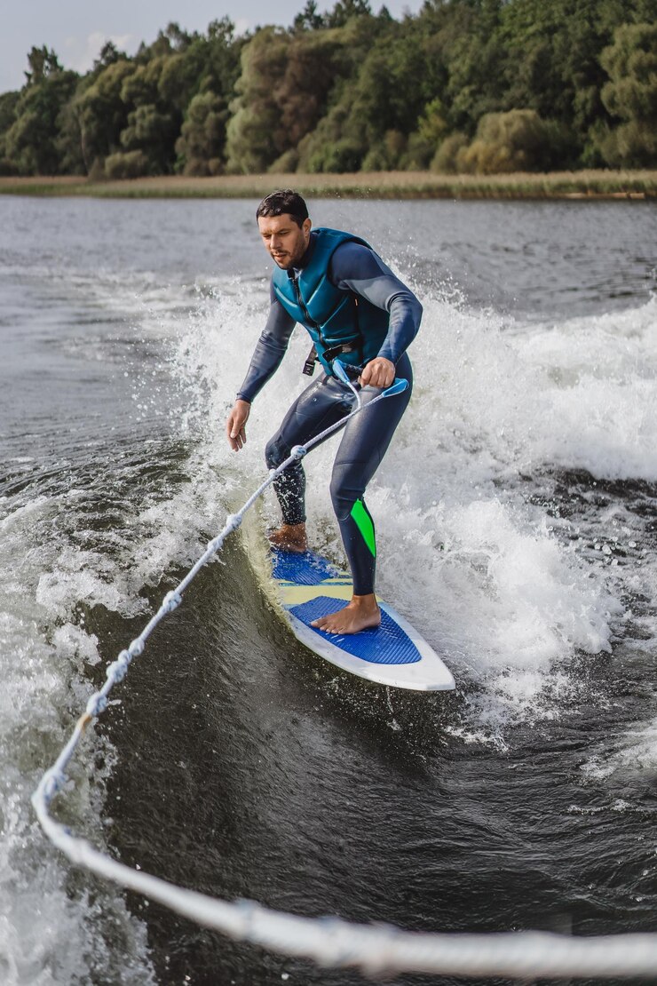 Kostenlose Foto mann beim wakesurfen. winken vom boot.