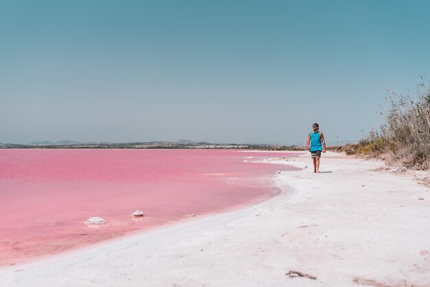 Mann, der am Strand in der Nähe des rosafarbenen Meeres spazieren geht