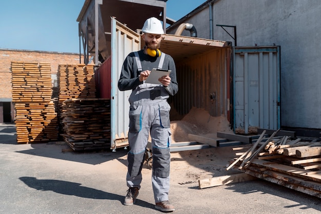 Mann, der in einem Lager für MDF-Platten arbeitet