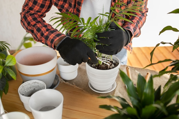 Mann, der Indoor-Landwirtschaft genießt