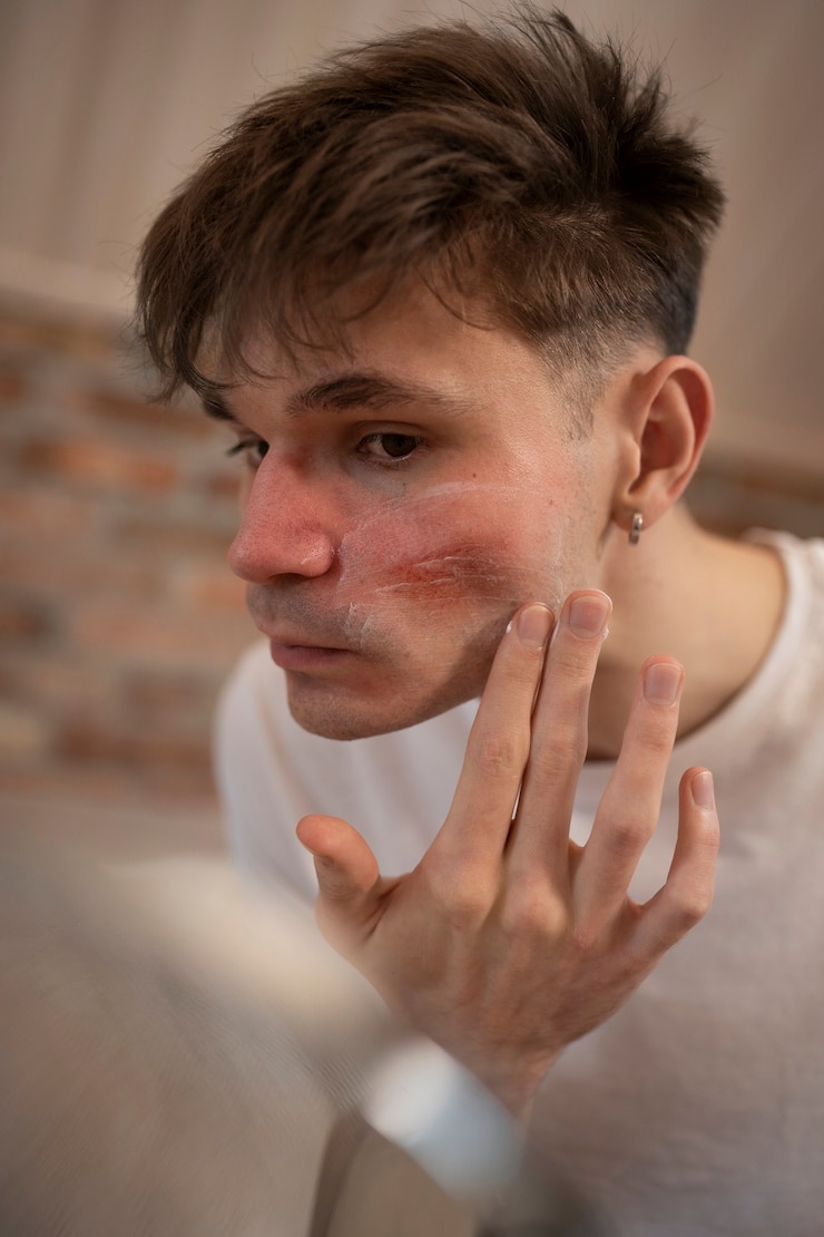 Kostenlose Foto mann, der mit rosacea-hautzustand im gesicht zu tun hat