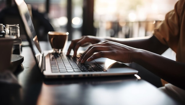 Mann, der während der von KI generierten Kaffeepause auf dem Laptop im Netz surft