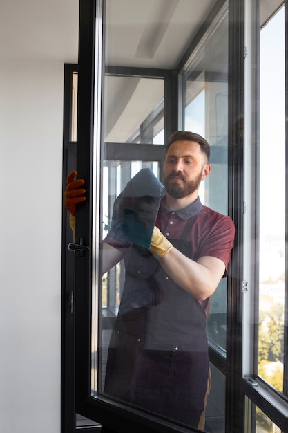 Kostenloses Foto mann-diener, der fenster wäscht