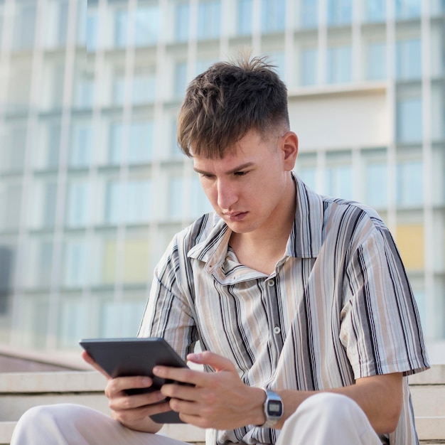 Mann im Freien, der Tablette betrachtet