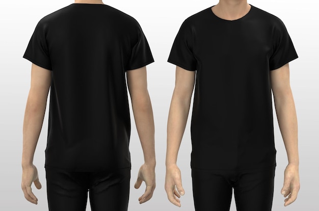 Mann im leeren schwarzen T-Shirt, Vorder- und Rückansicht