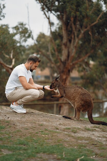 Mann in der Reserve spielt mit einem Känguru