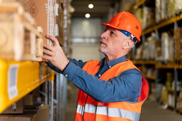 Mann mit Helm, der im Lager arbeitet