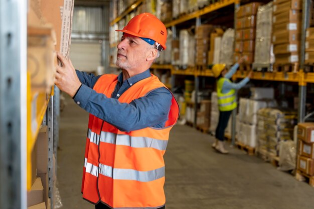 Mann mit Helm, der im Lager arbeitet