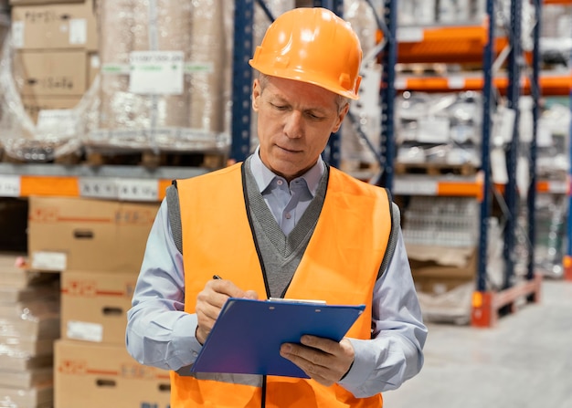 Kostenloses Foto mann mit helm, der logistik arbeitet