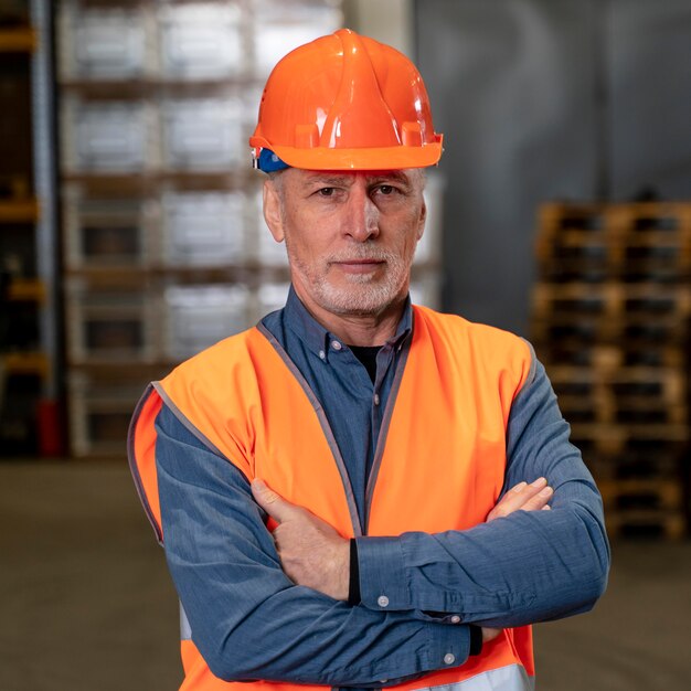 Mann mit Helm sitzt mit verschränkten Armen