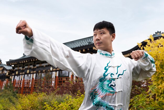 Mann mit niedrigem Winkel, der im Freien Tai Chi praktiziert