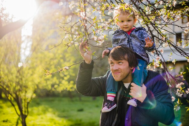 Mann mit seinem Sohn auf den Schultern und berührt einen Zweig