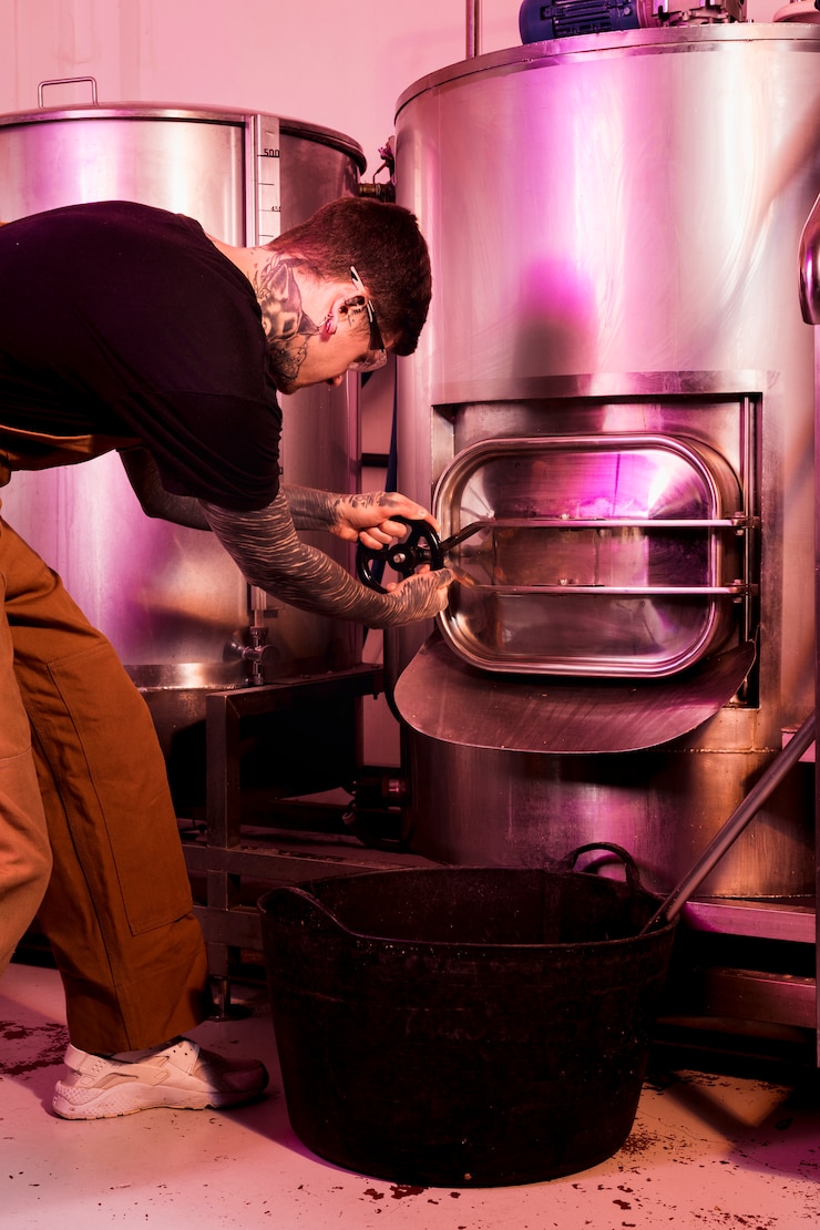 Kostenlose Foto mann mit tätowierungen, die handwerksbier herstellen