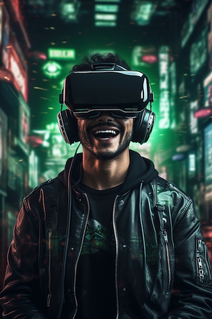 Mann mit VR-Brille erlebt Metaverse