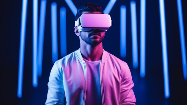 Mann mit VR-Brille erlebt Metaverse