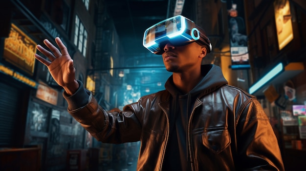 Mann mit VR-Brille in futuristischer Stadt