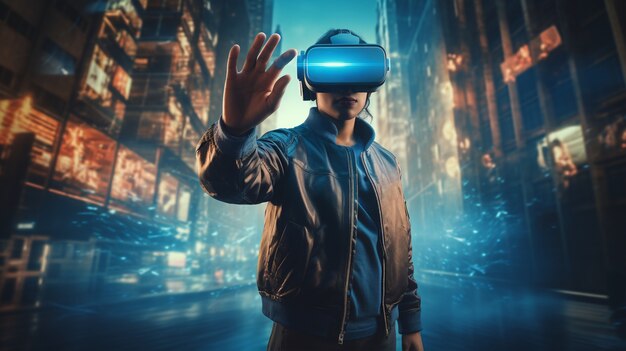 Mann mit VR-Brille in futuristischer Stadt