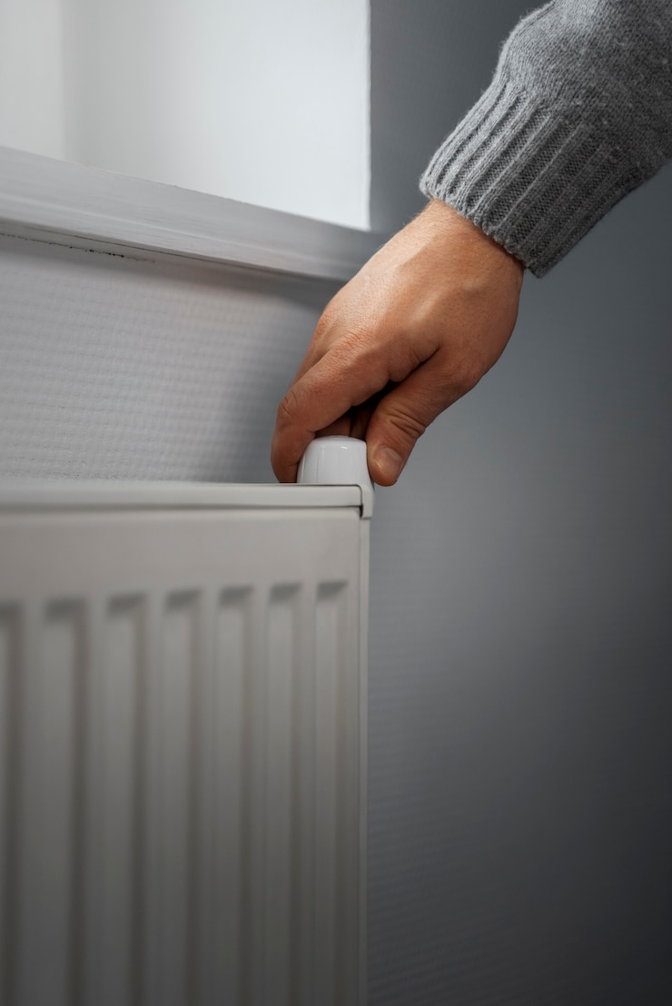 Kostenlose Foto mann schaltet heizkörper während energiekrise ab