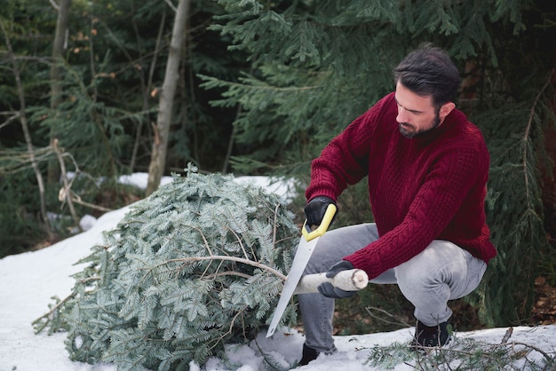 Mann schneidet den Weihnachtsbaum