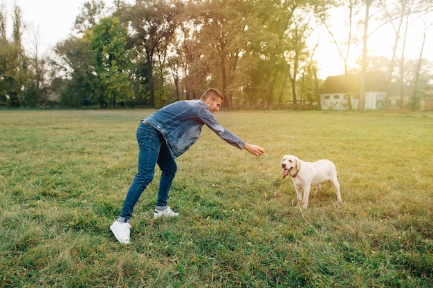 Mann und Hund Labrador haben Spaß, im Ball bei Sonnenuntergang zu spielen