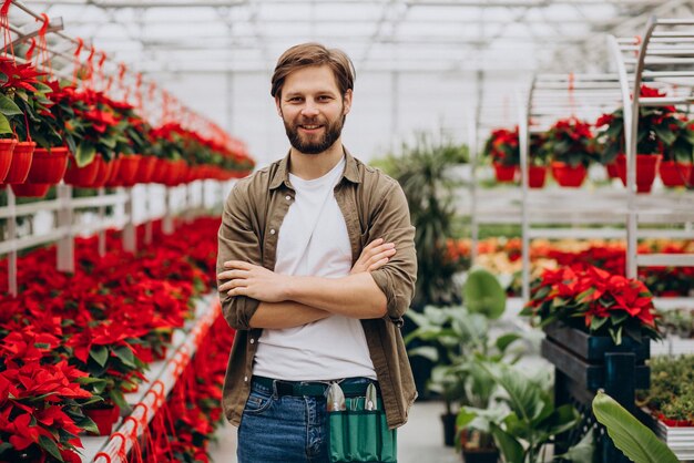 Mannflorist, der im Gewächshaus arbeitet