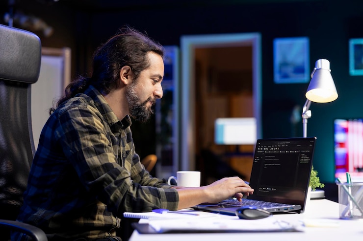 Kostenlose Foto mannlicher programmierer, der auf einem laptop programmiert