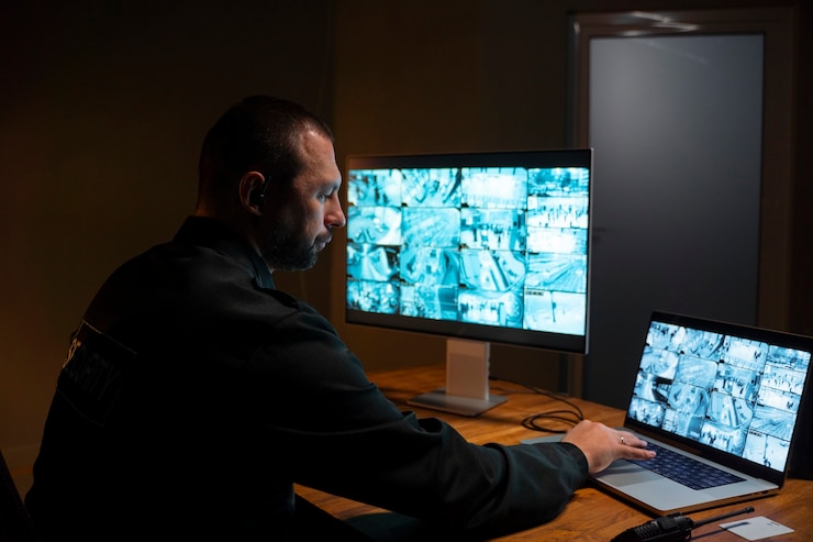 Kostenlose Foto mannlicher wachmann macht seine arbeit während der schicht