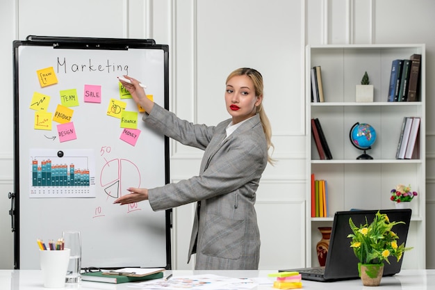 Marketing junge hübsche nette Geschäftsfrau im grauen Blazer im Büro, das Geschäftsplan präsentiert