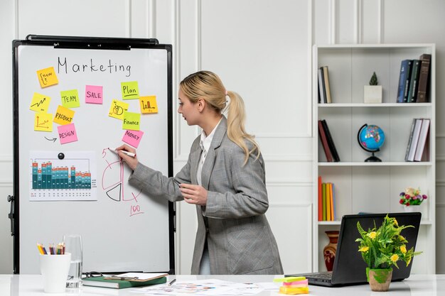 Marketing junge hübsche nette Geschäftsfrau im grauen Blazer im Büro, die neue Geschäftsidee schreibt