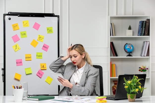 Marketing junges süßes blondes Mädchen im grauen Anzug im Büro verwirrt beim Betrachten der Arbeitsergebnisse