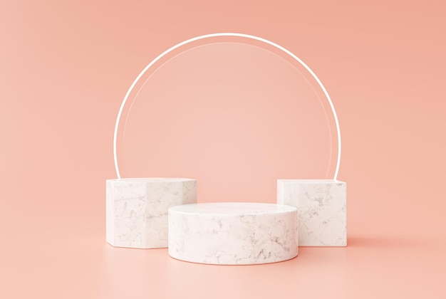 Marmorpodestsockel für Produktausstellungsstandstudio auf rosafarbenem Hintergrund 3D-Rendering
