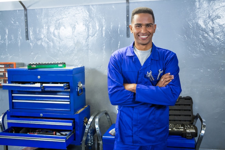 Kostenlose Foto mechaniker stehen bei reparatur garage