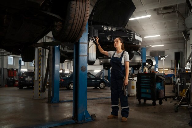 Mechanikerin, die in der Werkstatt an einem Auto arbeitet