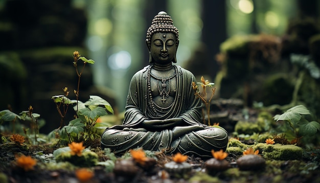 Meditierende Buddha-Statue bringt Ruhe in die Natur im Freien, die durch künstliche Intelligenz erzeugt wurde