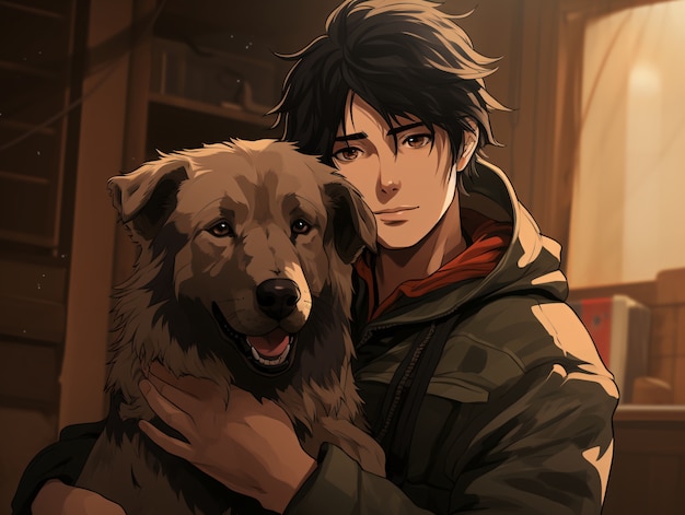 Medium-Shot-Anime-Mann umarmt einen Hund