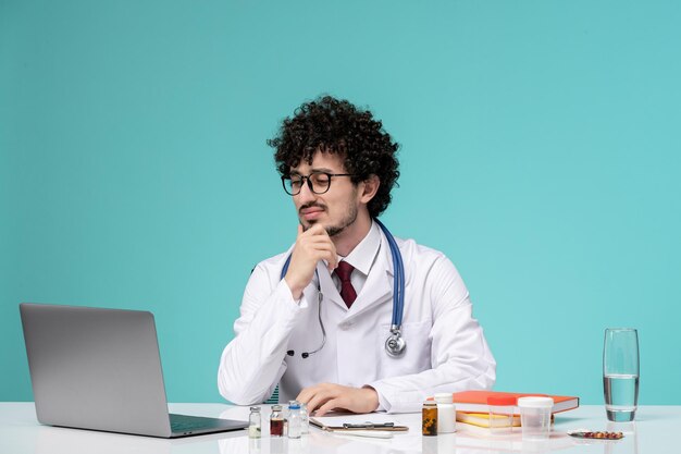 Medizinisch ernster, süßer, gutaussehender Arzt, der im Laborkittel denkt und konzentriert am Computer arbeitet