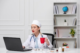 Medizinisch hübscher, süßer arzt in weißem laborkittel und hut mit computer mit kaffeetasse