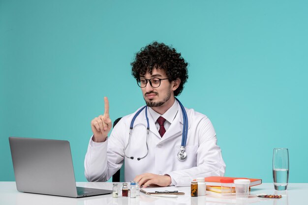 Medizinisch im Laborkittel junger ernster gutaussehender Arzt, der am Computer arbeitet und einen Finger hebt