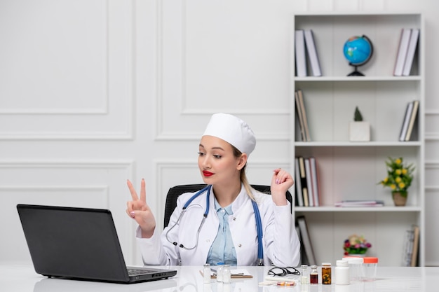 Medizinische schöne nette Ärztin im weißen Krankenhausmantel und -hut mit dem Computer, der zwei Zeichen zeigt