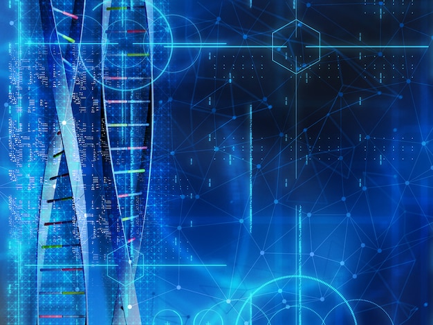 Medizinischer Hintergrund 3D mit DNA-Strängen und -code